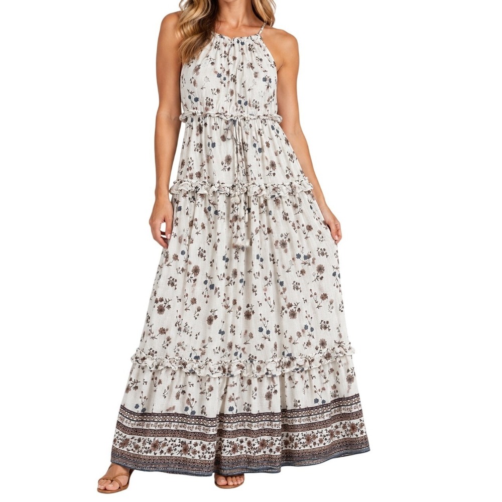 Lost + Wander Cream Brown Floral Tiered With Lace Up Back Maxi Dress Women's S